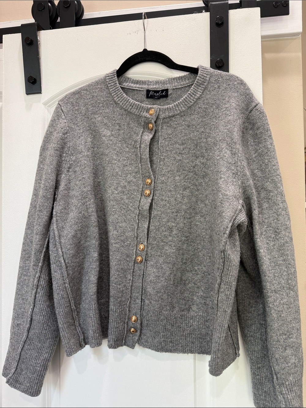 Marled Gray Crewneck Cardigan with Gold Buttons